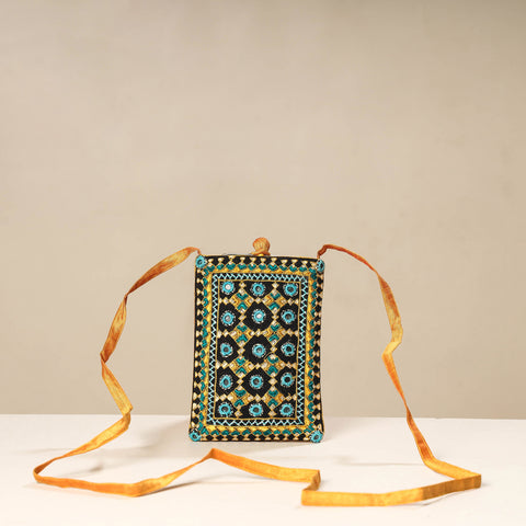 Multicolor Kutch Neran Embroidery Mashru Silk Mobile Sling Bag 