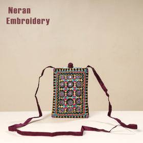 Multicolor Kutch Neran Embroidery Mashru Silk Mobile Sling Bag 