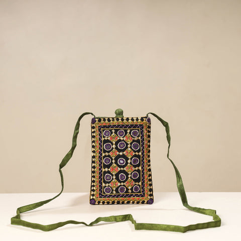 Multicolor Kutch Neran Embroidery Mashru Silk Mobile Sling Bag 
