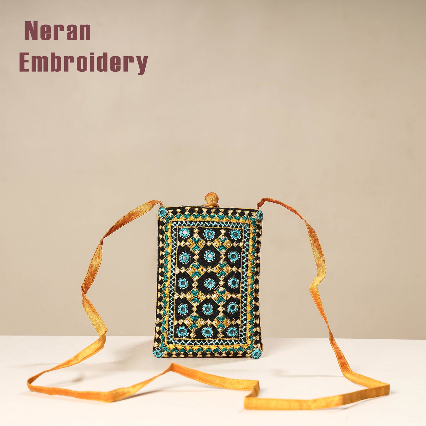 Multicolor Kutch Neran Embroidery Mashru Silk Mobile Sling Bag 