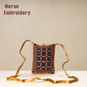 Multicolor Kutch Neran Embroidery Mashru Silk Mobile Sling Bag 