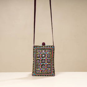 Multicolor Kutch Neran Embroidery Mashru Silk Mobile Sling Bag 