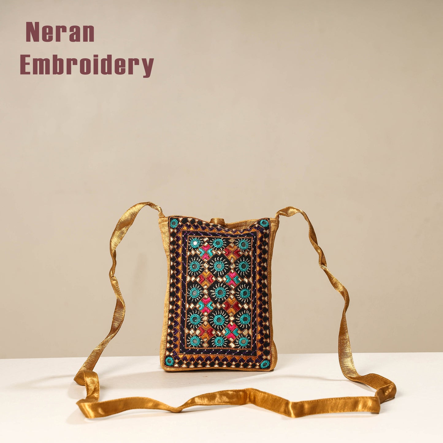 Multicolor Kutch Neran Embroidery Mashru Silk Mobile Sling Bag 