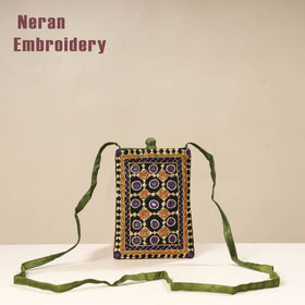 Multicolor Kutch Neran Embroidery Mashru Silk Mobile Sling Bag 