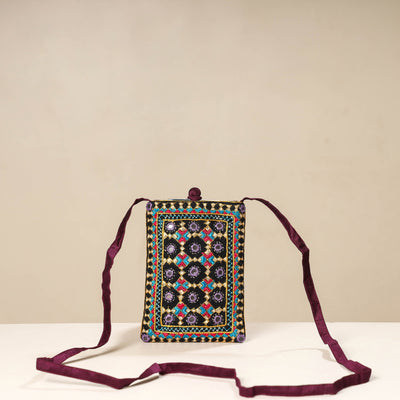 Multicolor Kutch Neran Embroidery Mashru Silk Mobile Sling Bag 