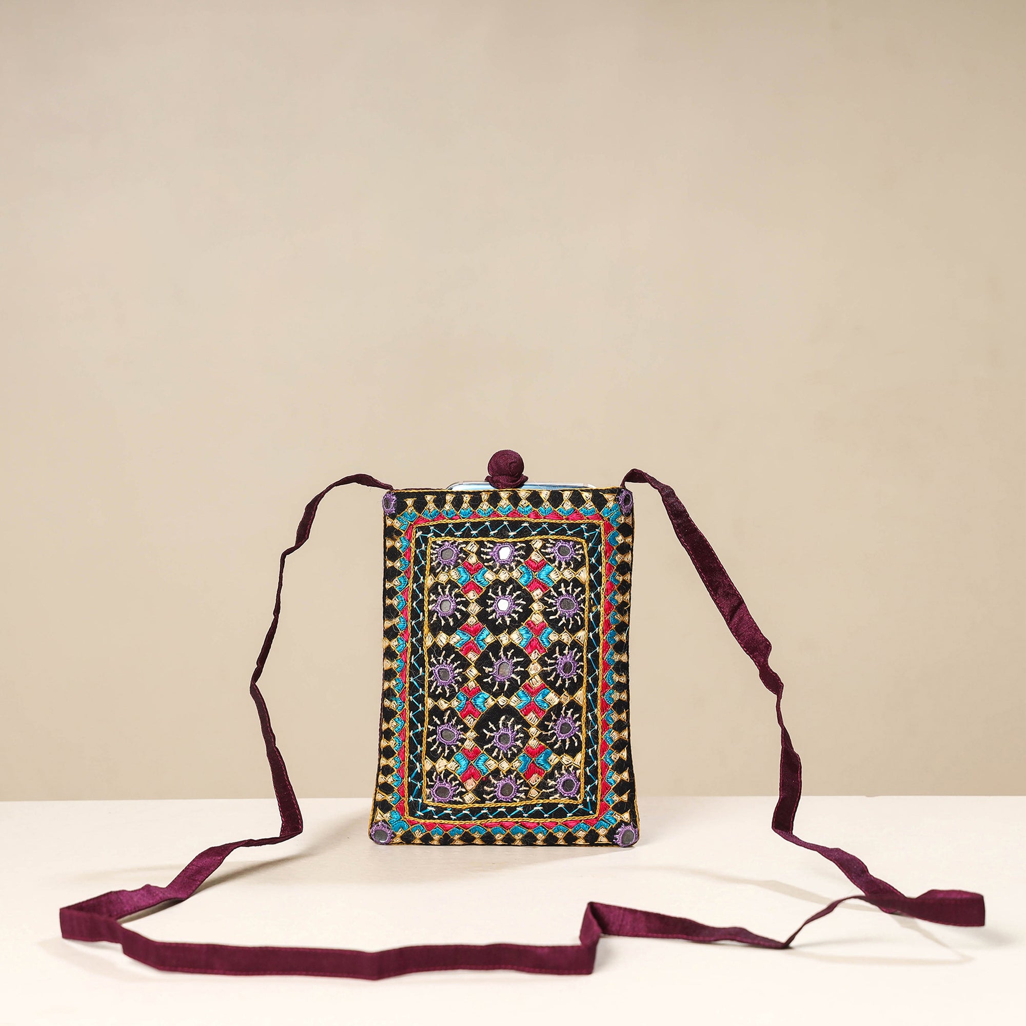 Multicolor Kutch Neran Embroidery Mashru Silk Mobile Sling Bag 