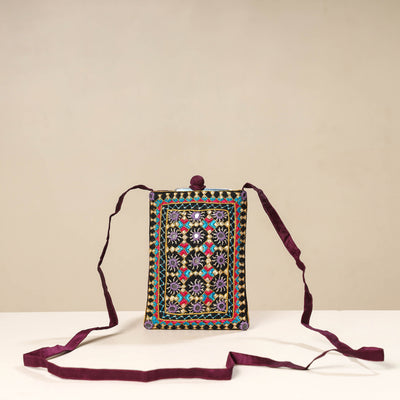 Multicolor Kutch Neran Embroidery Mashru Silk Mobile Sling Bag 
