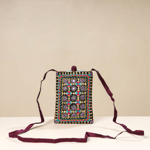 Multicolor Kutch Neran Embroidery Mashru Silk Mobile Sling Bag 
