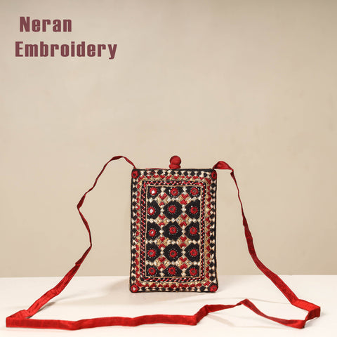 Multicolor Kutch Neran Embroidery Mashru Silk Mobile Sling Bag 