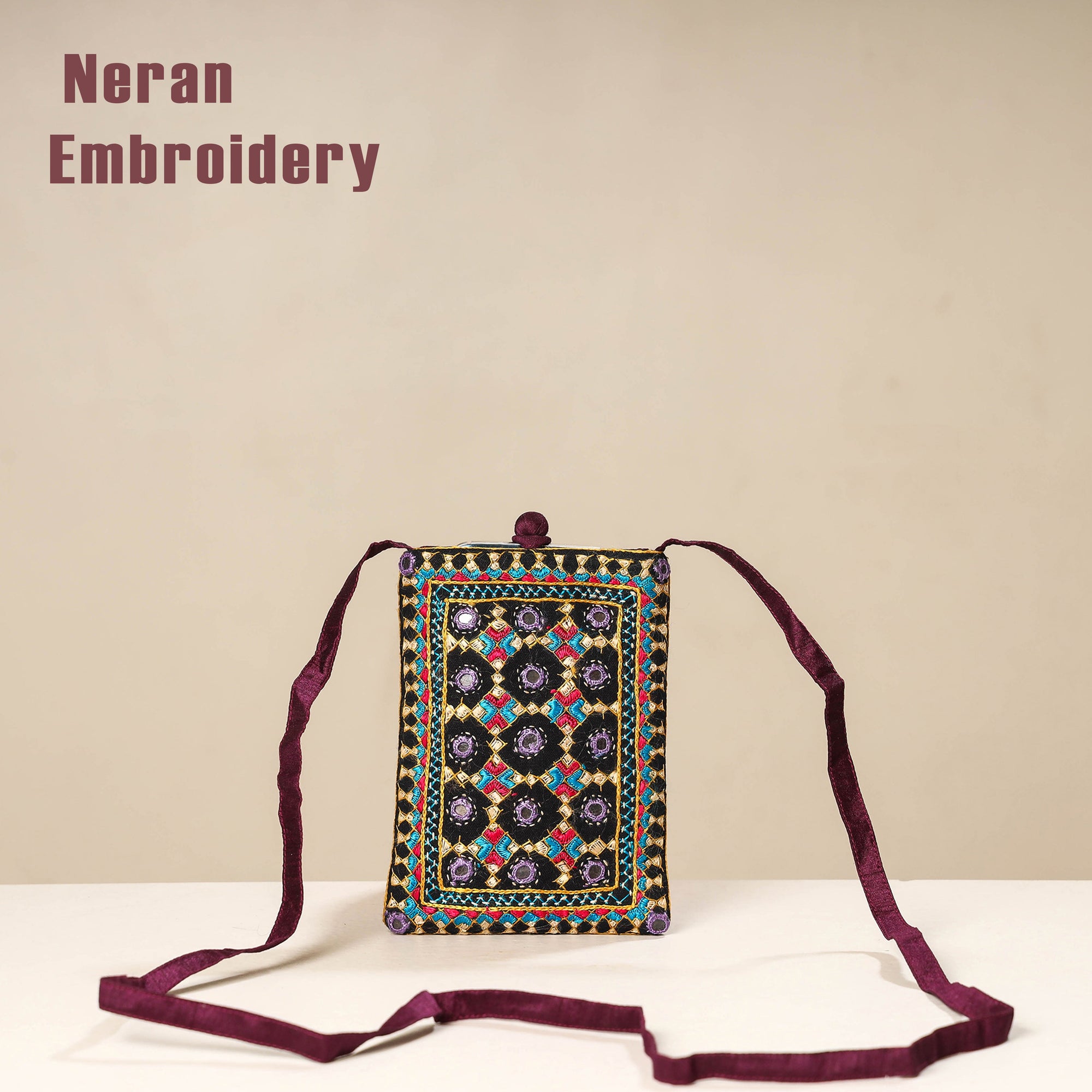 Multicolor Kutch Neran Embroidery Mashru Silk Mobile Sling Bag 