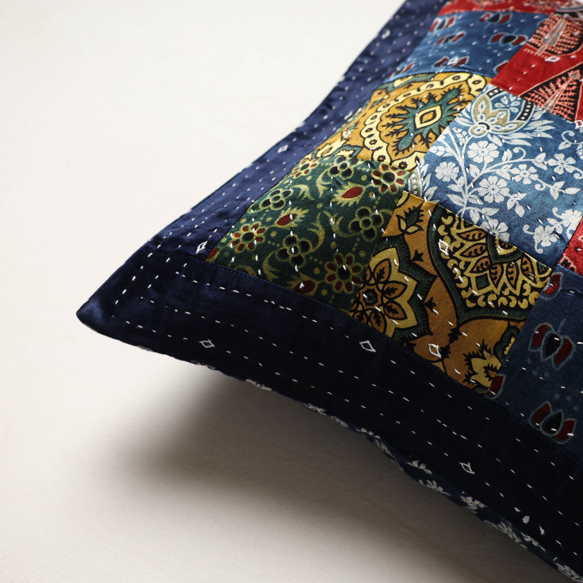 Multicolor - kutch tagai work mashru silk patchwork cushion