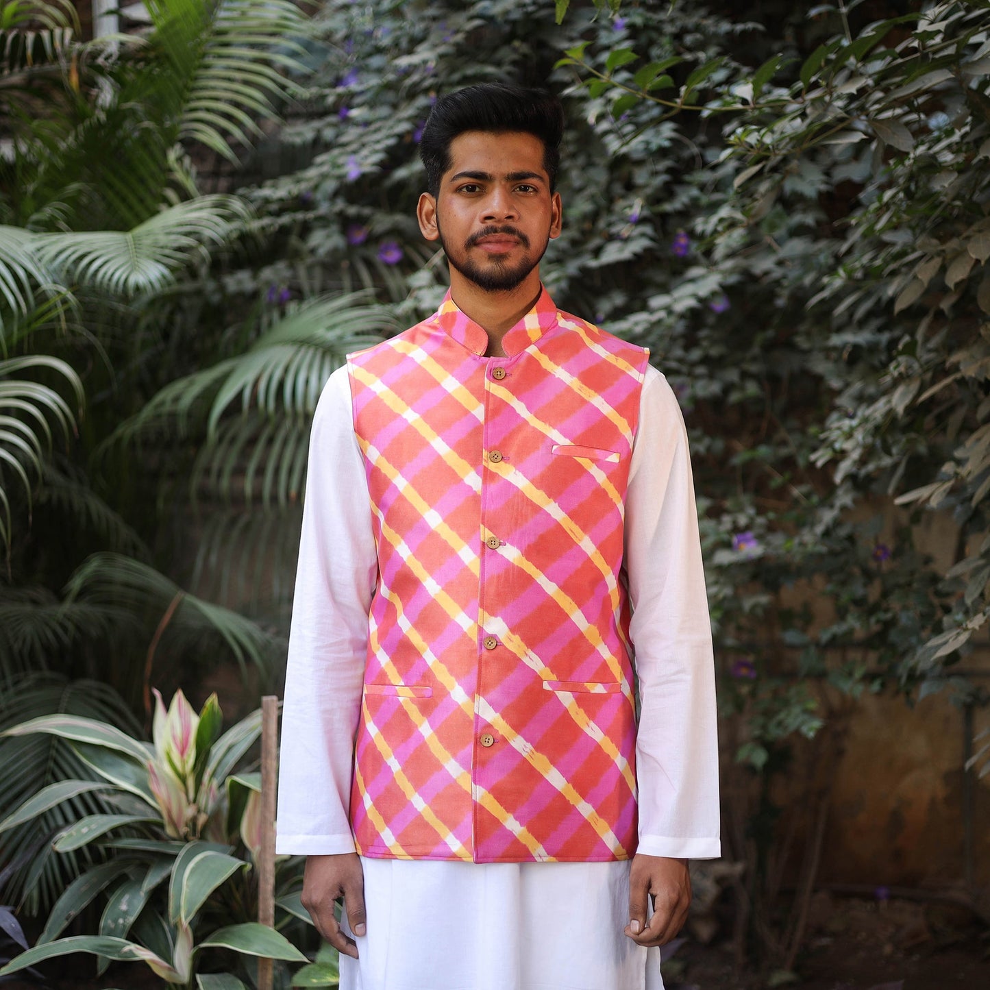 Multicolor Leheriya Tie & Dye Chanderi Silk Handloom Nehru Jacket