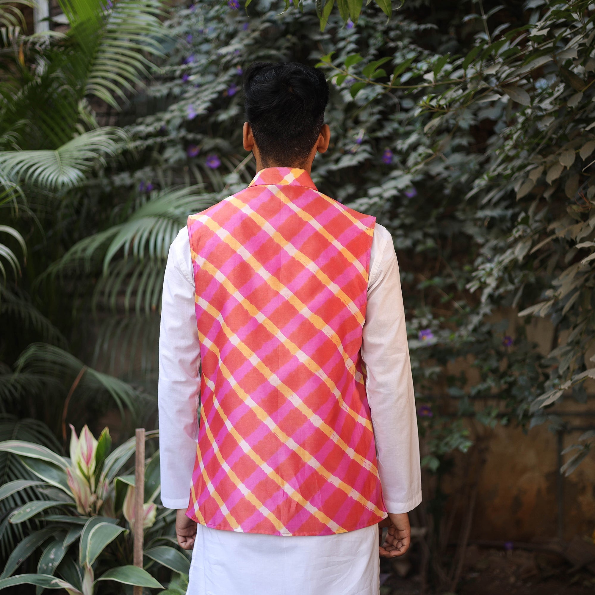 Multicolor Leheriya Tie & Dye Chanderi Silk Handloom Nehru Jacket