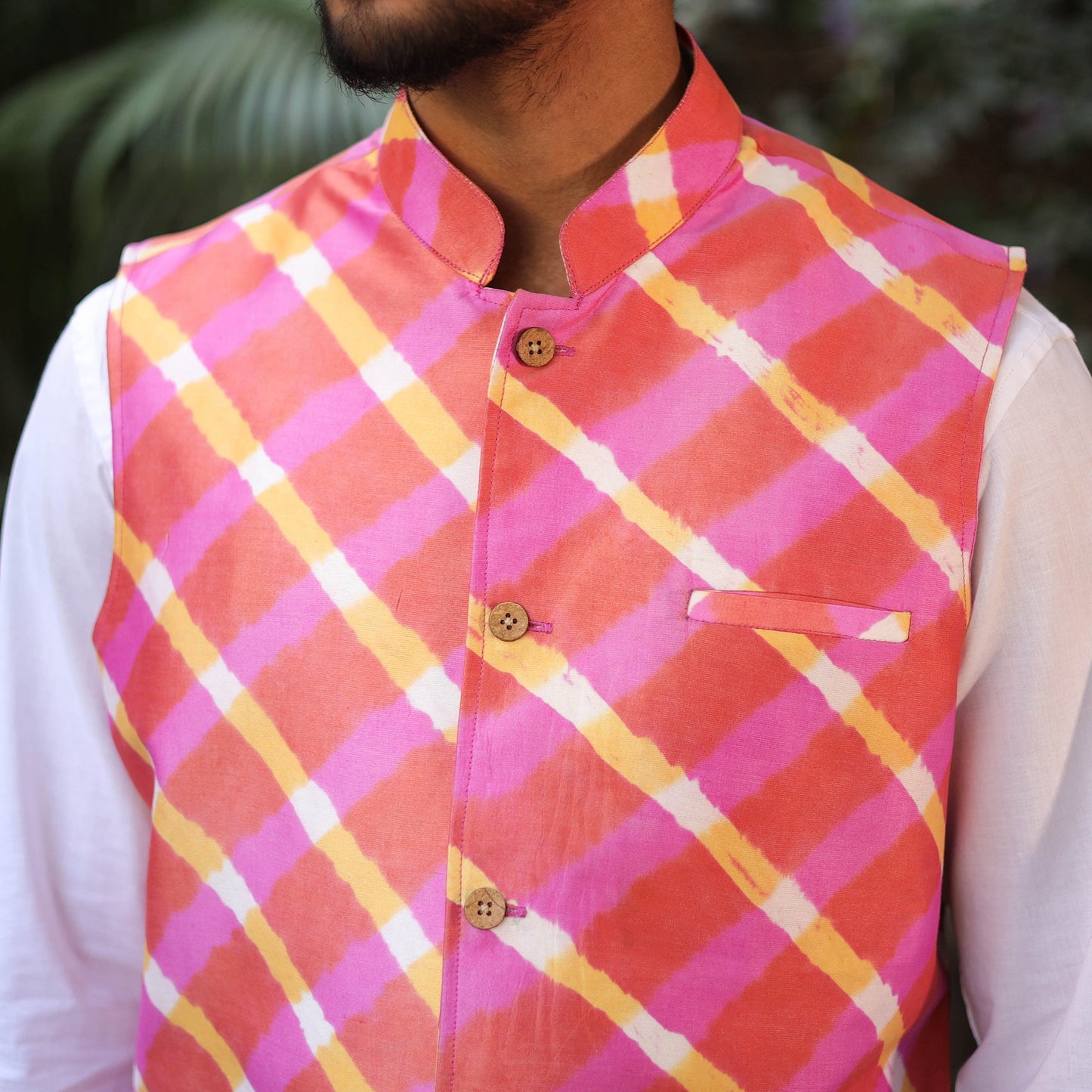 Multicolor Leheriya Tie & Dye Chanderi Silk Handloom Nehru Jacket