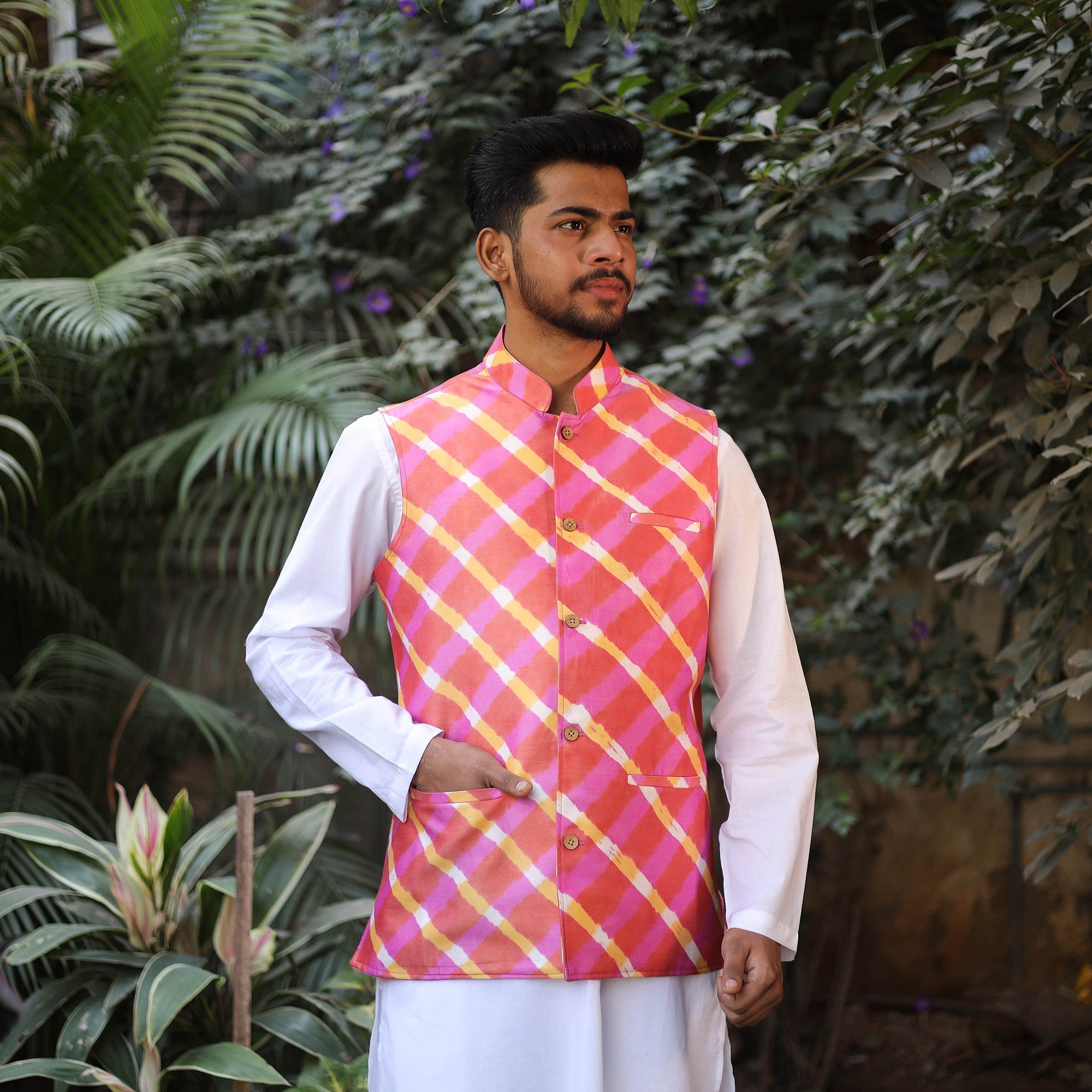 Multicolor Leheriya Tie & Dye Chanderi Silk Handloom Nehru Jacket