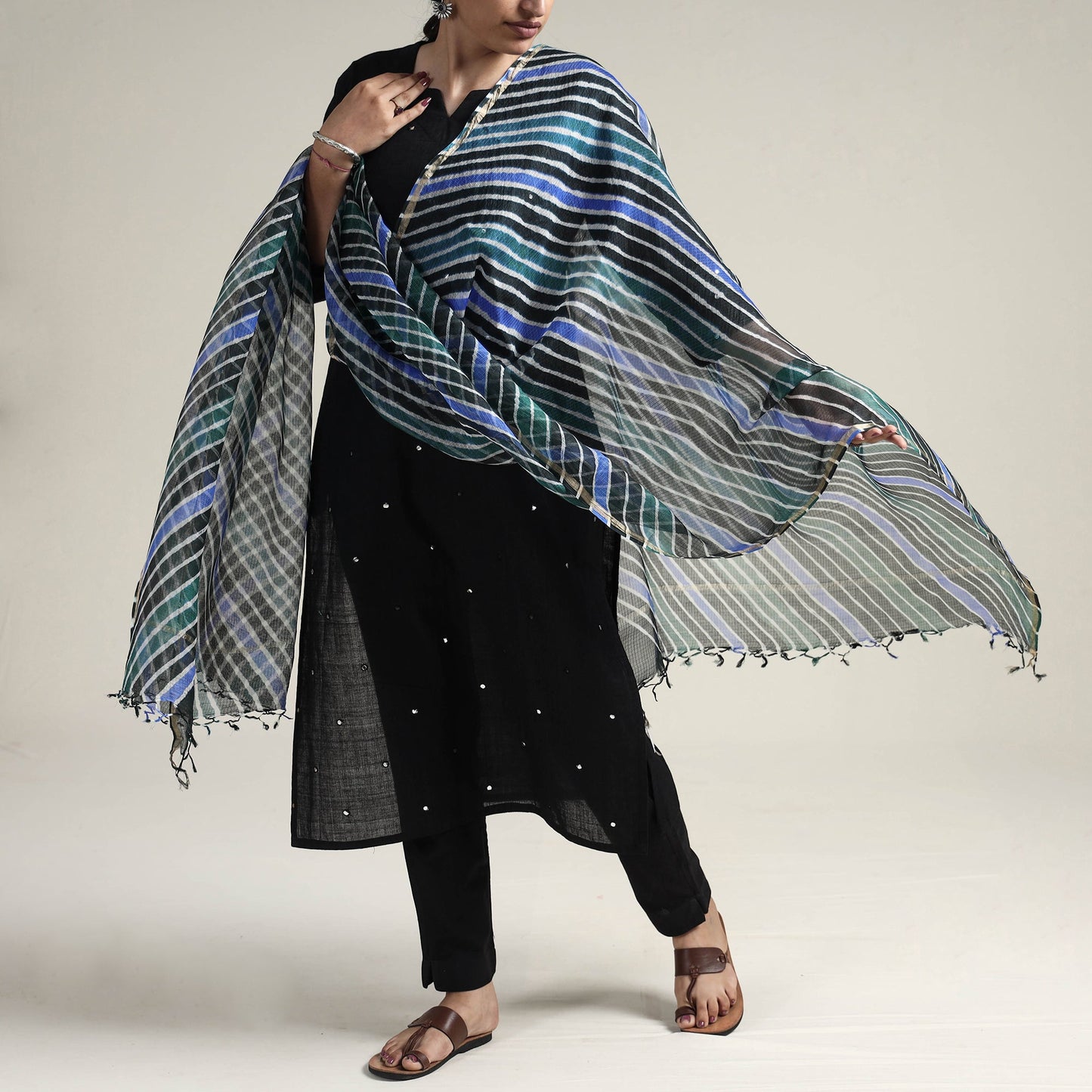 Leheriya Tie-Dye Kota Doria Silk Dupatta with Tassels
