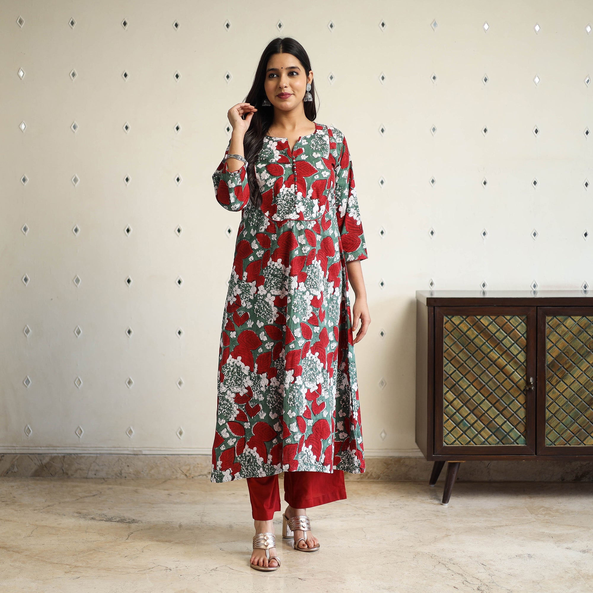  Multicolor A-Line Cotton Block Print Sanganeri Kurta