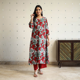  Multicolor A-Line Cotton Block Print Sanganeri Kurta