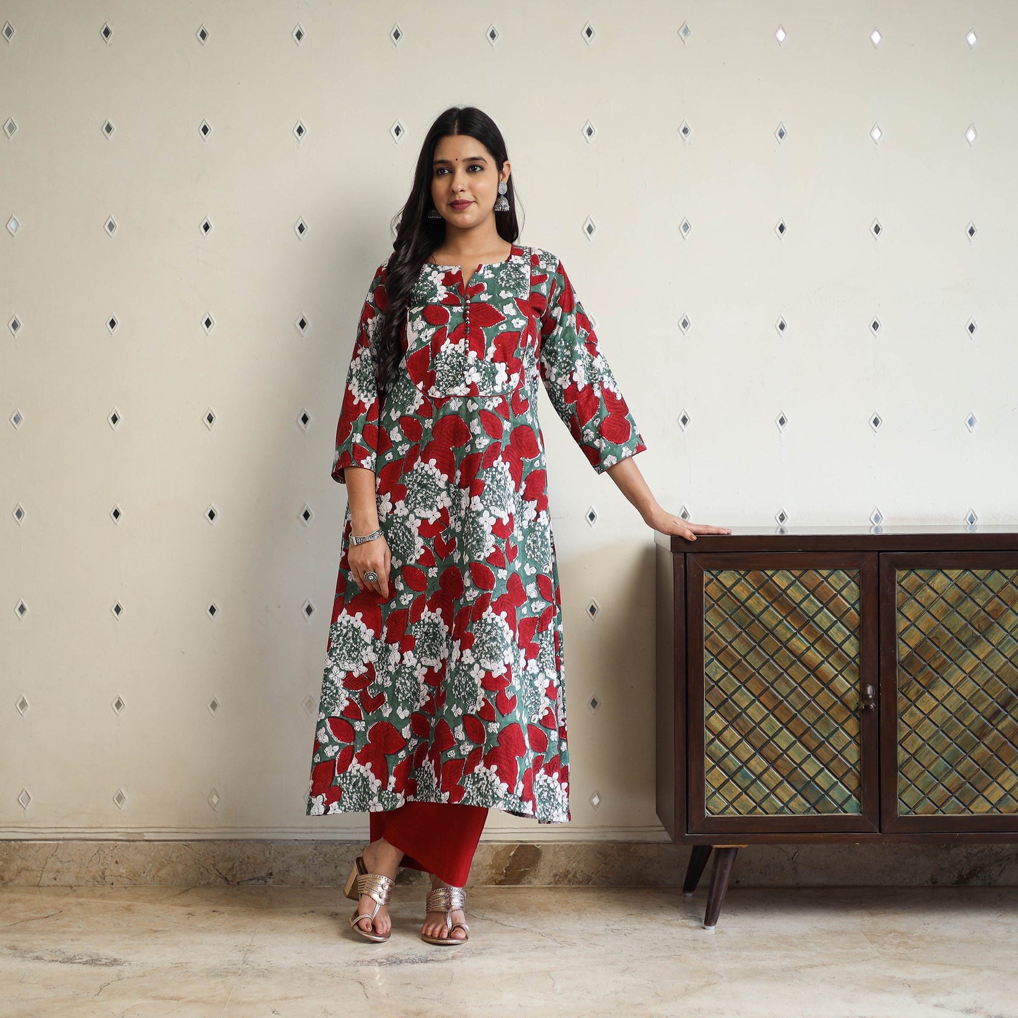  Multicolor A-Line Cotton Block Print Sanganeri Kurta