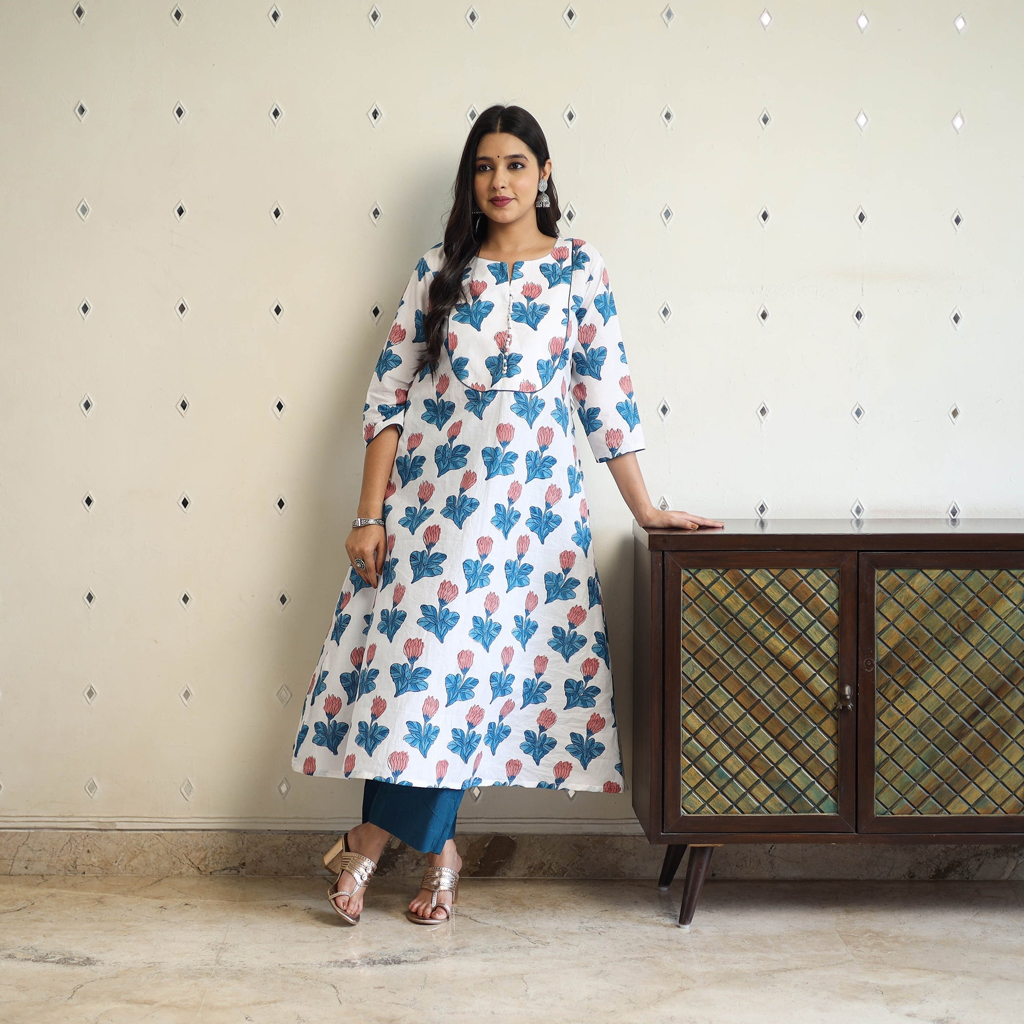  Multicolor A-Line Cotton Block Print Sanganeri Kurta