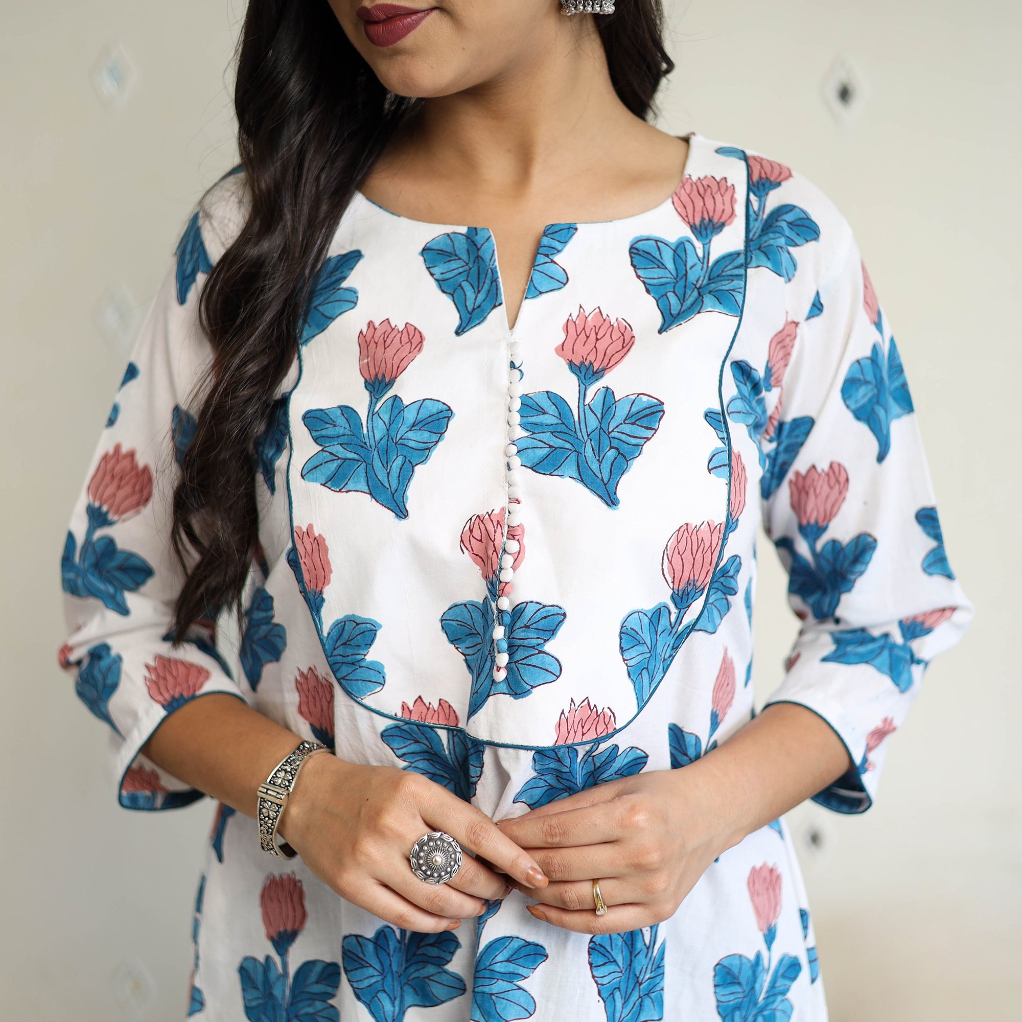  Multicolor A-Line Cotton Block Print Sanganeri Kurta
