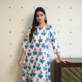  Multicolor A-Line Cotton Block Print Sanganeri Kurta