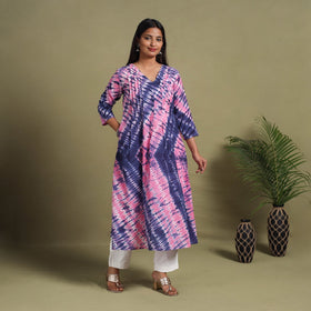 Multicolor A-Line Tie & Dye Cotton Pintuck Shibori Kurta for Women