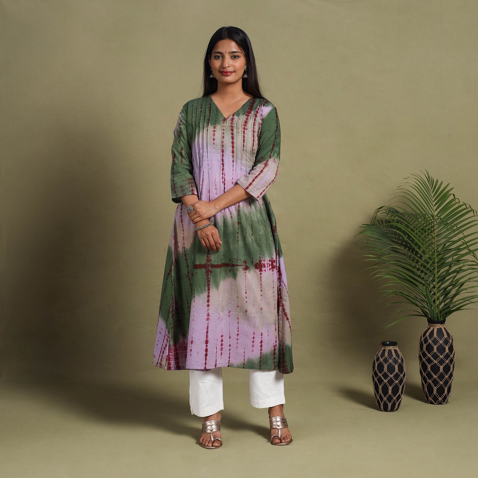 Multicolor A-Line Tie & Dye Cotton Pintuck Shibori Kurta for Women