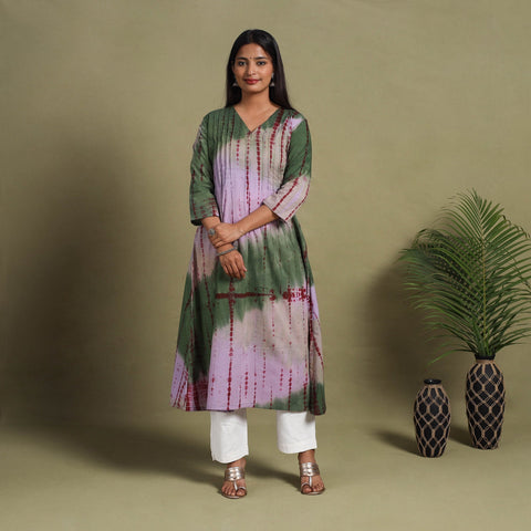 Multicolor A-Line Tie & Dye Cotton Pintuck Shibori Kurta for Women