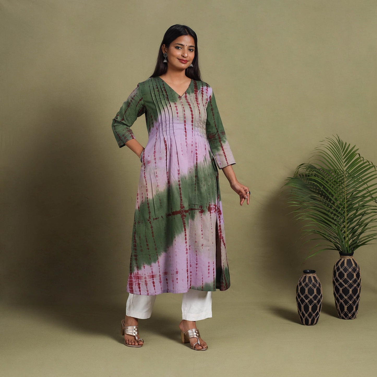 Multicolor A-Line Tie & Dye Cotton Pintuck Shibori Kurta for Women