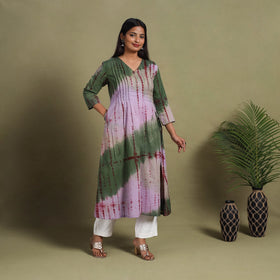 Multicolor A-Line Tie & Dye Cotton Pintuck Shibori Kurta for Women