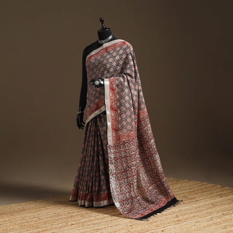 Linen hand bagru saree with zari border 03 - handcrafted