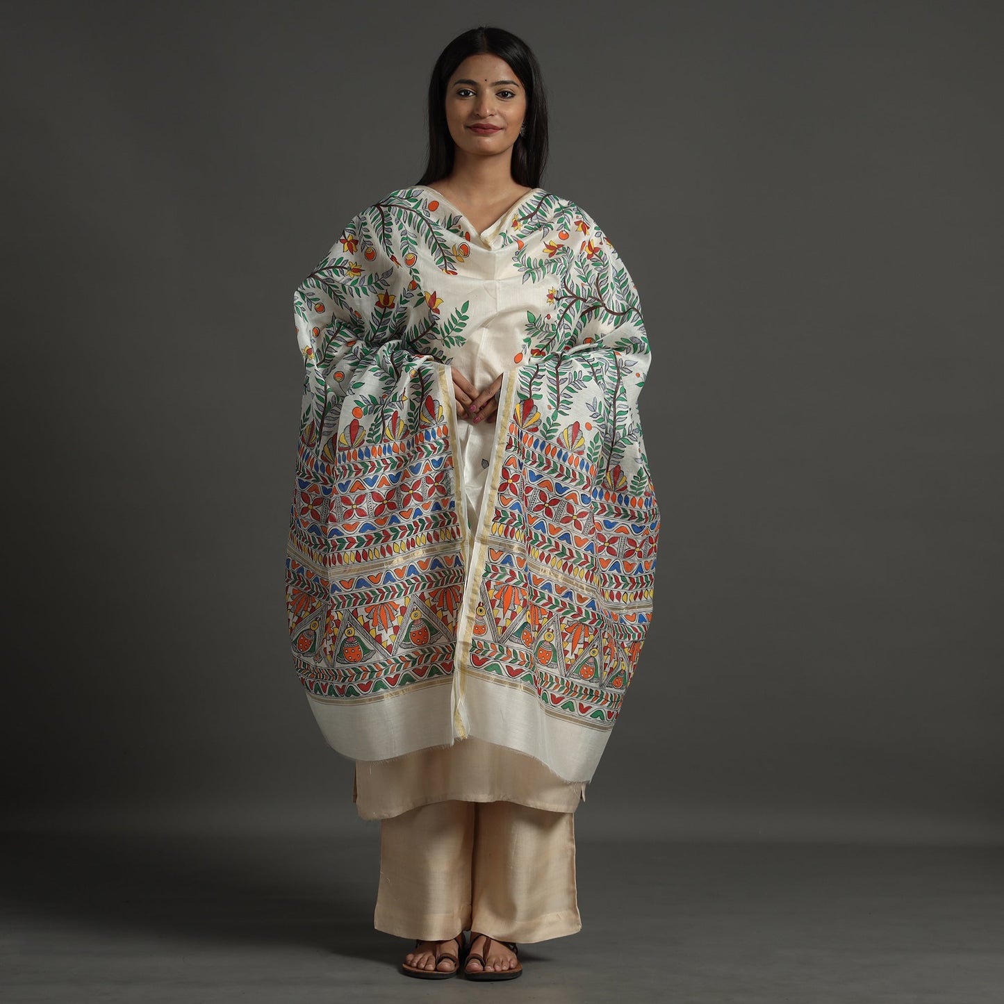 Multicolor - madhubani handpainted chanderi silk handloom