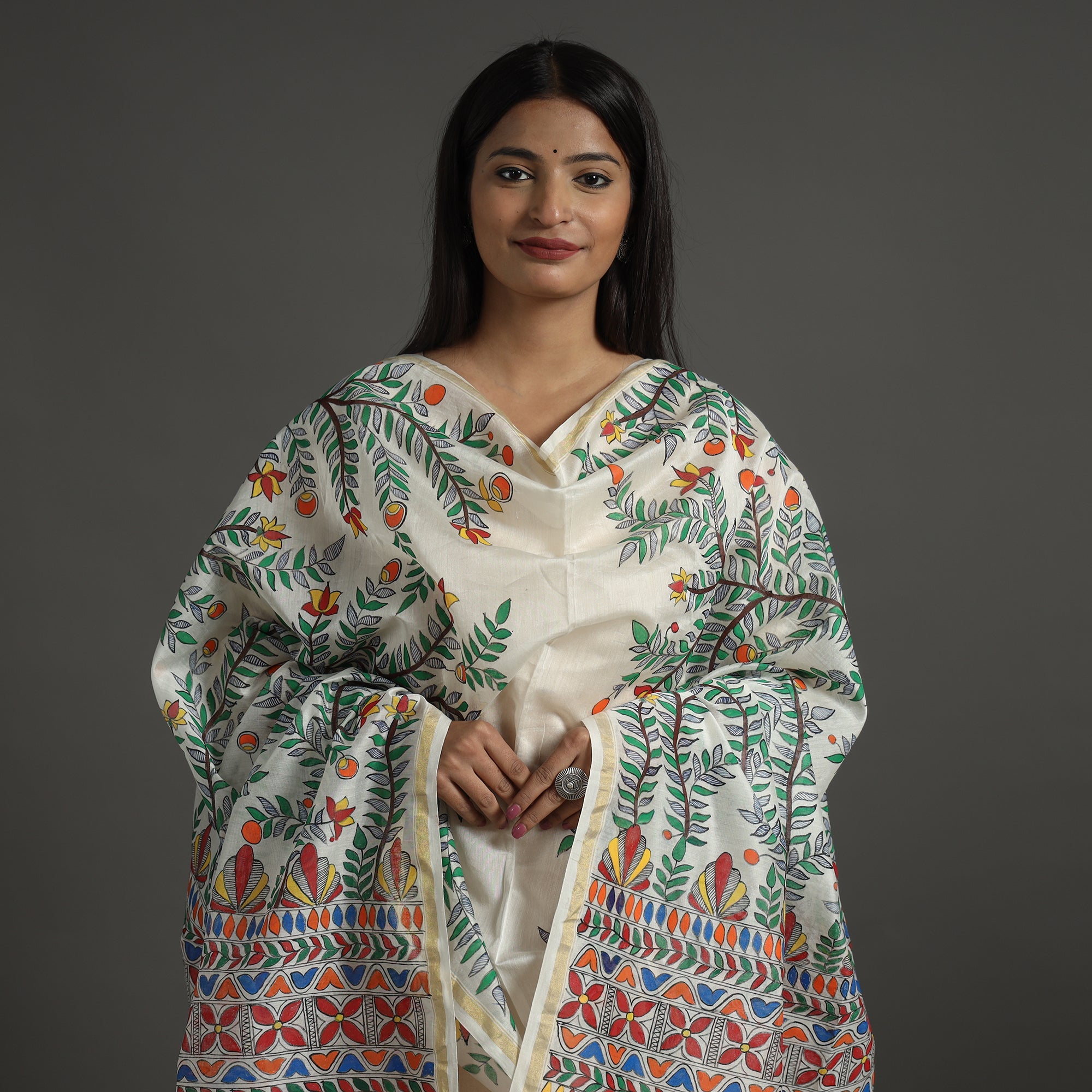 Multicolor - madhubani handpainted chanderi silk handloom