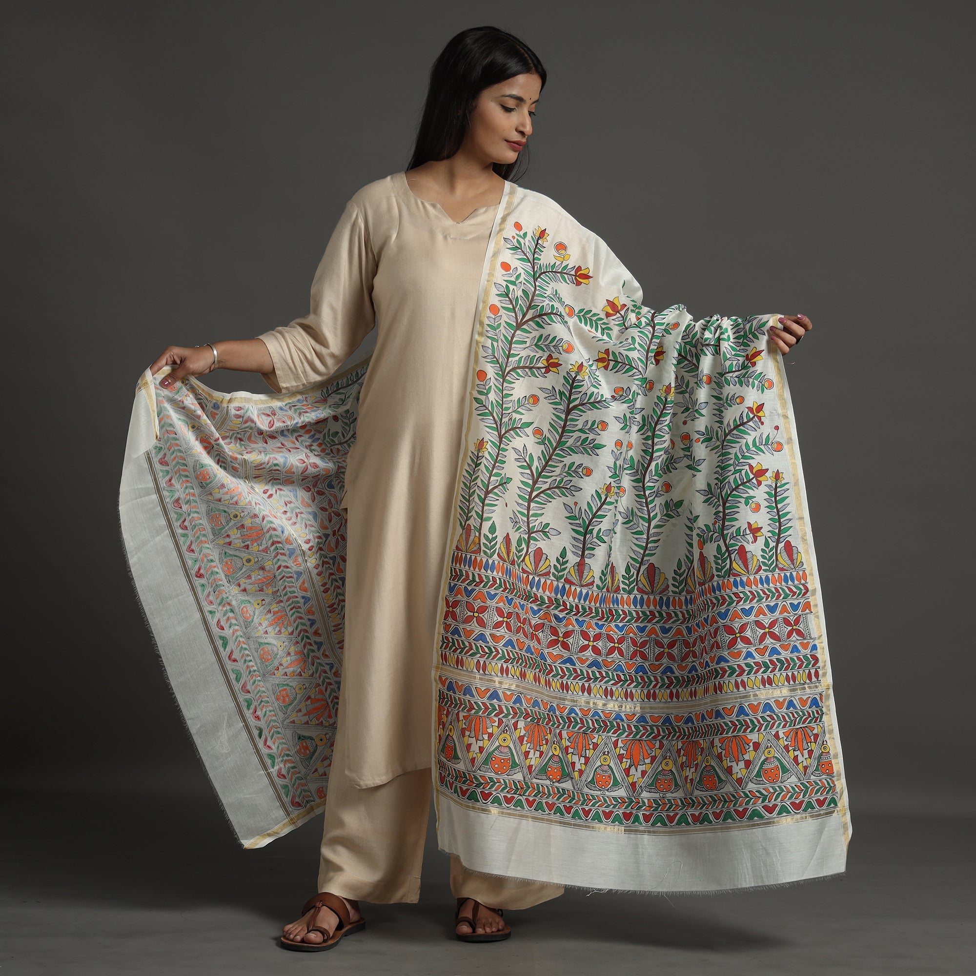 Multicolor - madhubani handpainted chanderi silk handloom