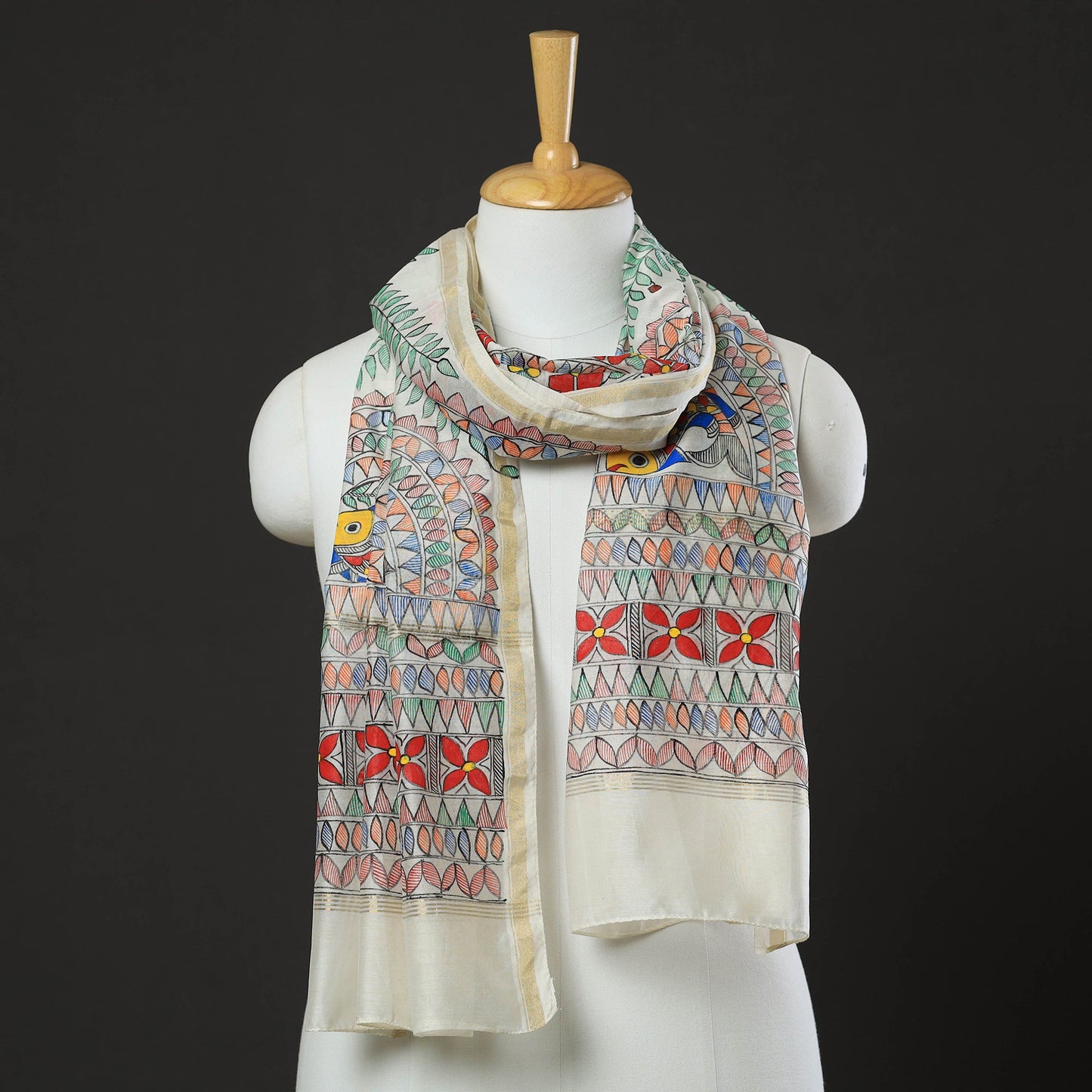  Madhubani Handpainted Chanderi Silk Handloom Stole 