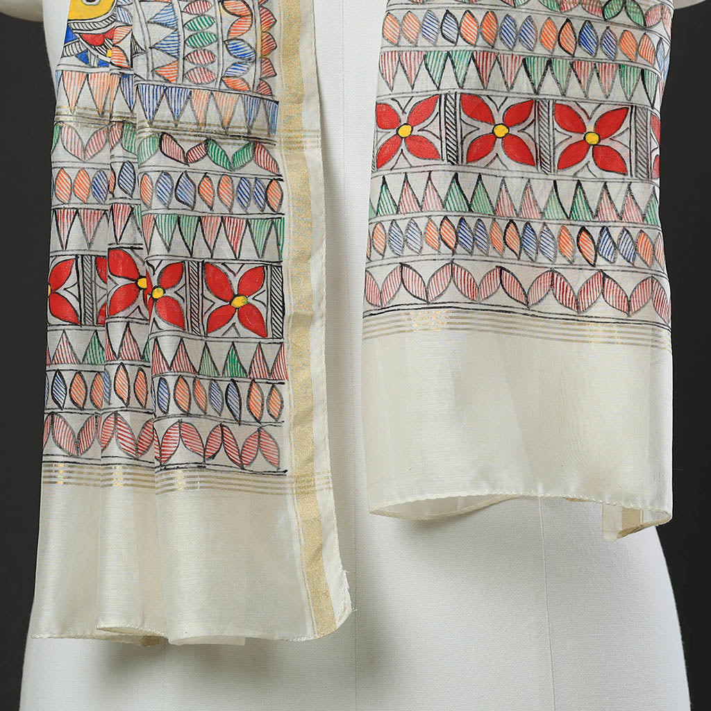  Madhubani Handpainted Chanderi Silk Handloom Stole 