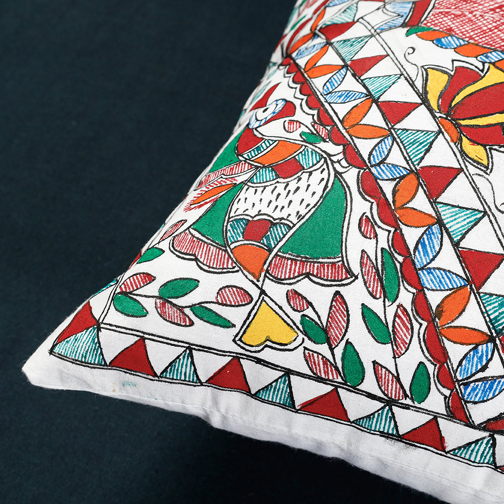  Multicolor Madhubani Handpainted Cotton Cushion Cover