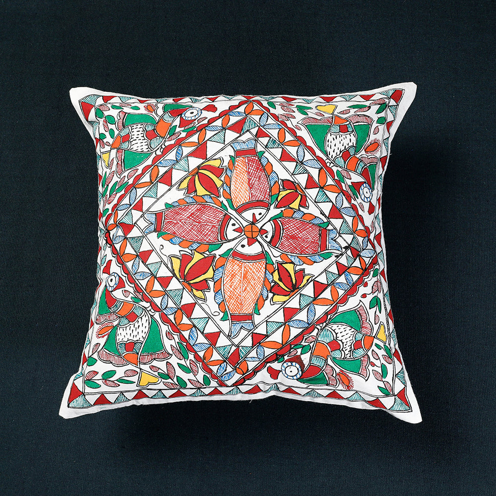  Multicolor Madhubani Handpainted Cotton Cushion Cover