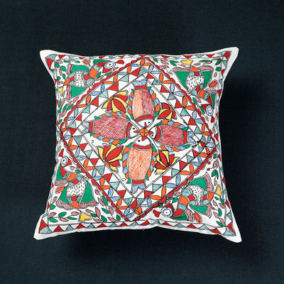  Multicolor Madhubani Handpainted Cotton Cushion Cover