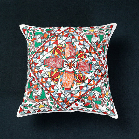  Multicolor Madhubani Handpainted Cotton Cushion Cover