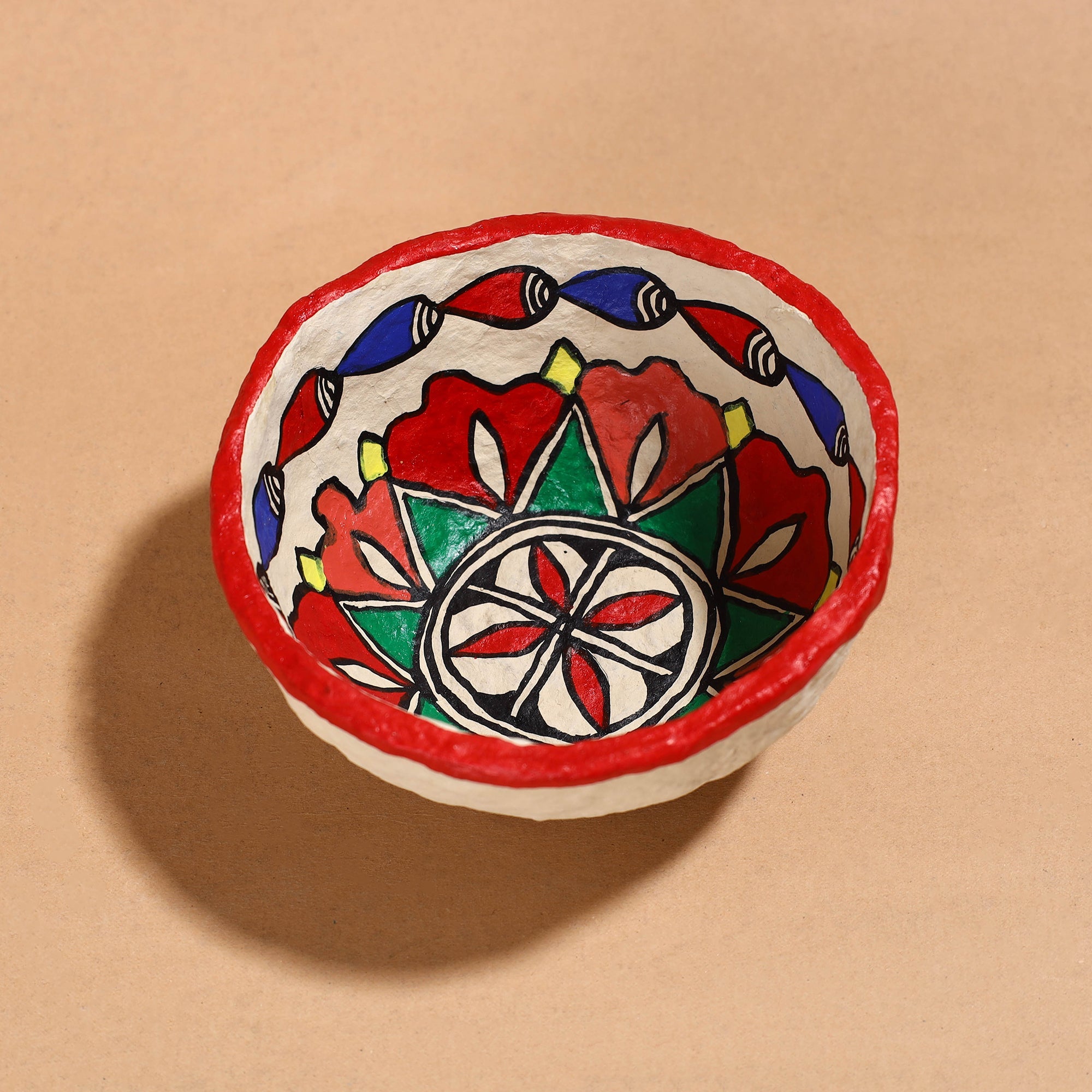 Madhubani Handpainted Paper Mache Home Decor Round Bowl 