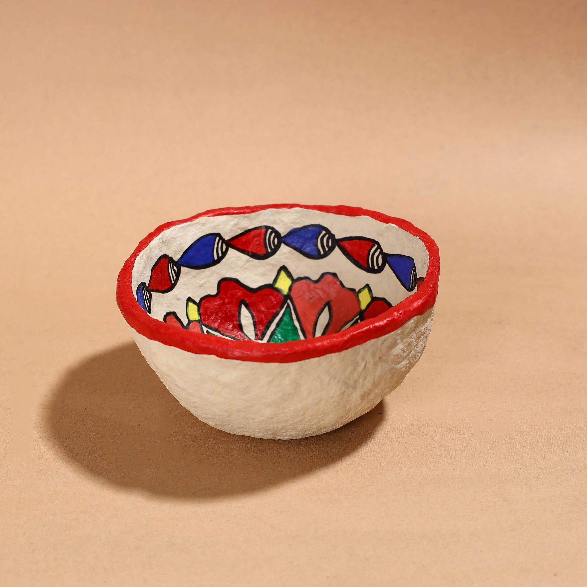 Madhubani Handpainted Paper Mache Home Decor Round Bowl 