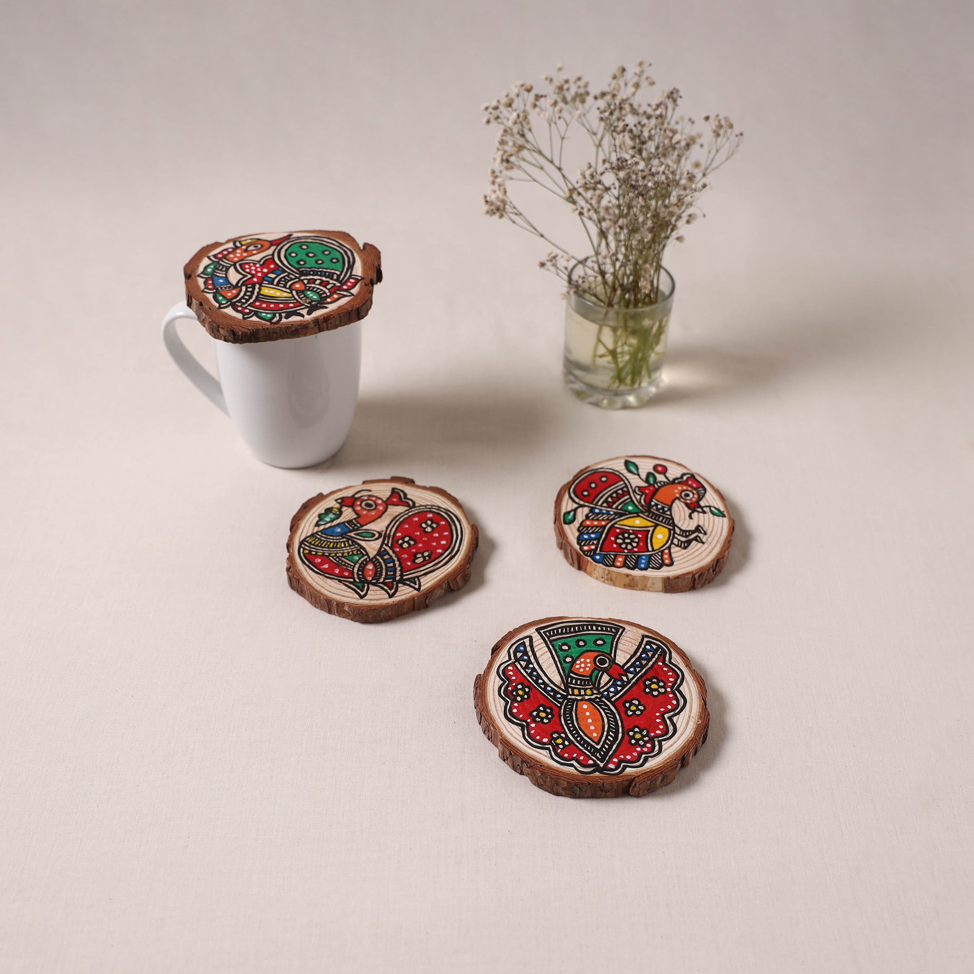 Madhubani handpainted pine wood coaster (set of 4) 01