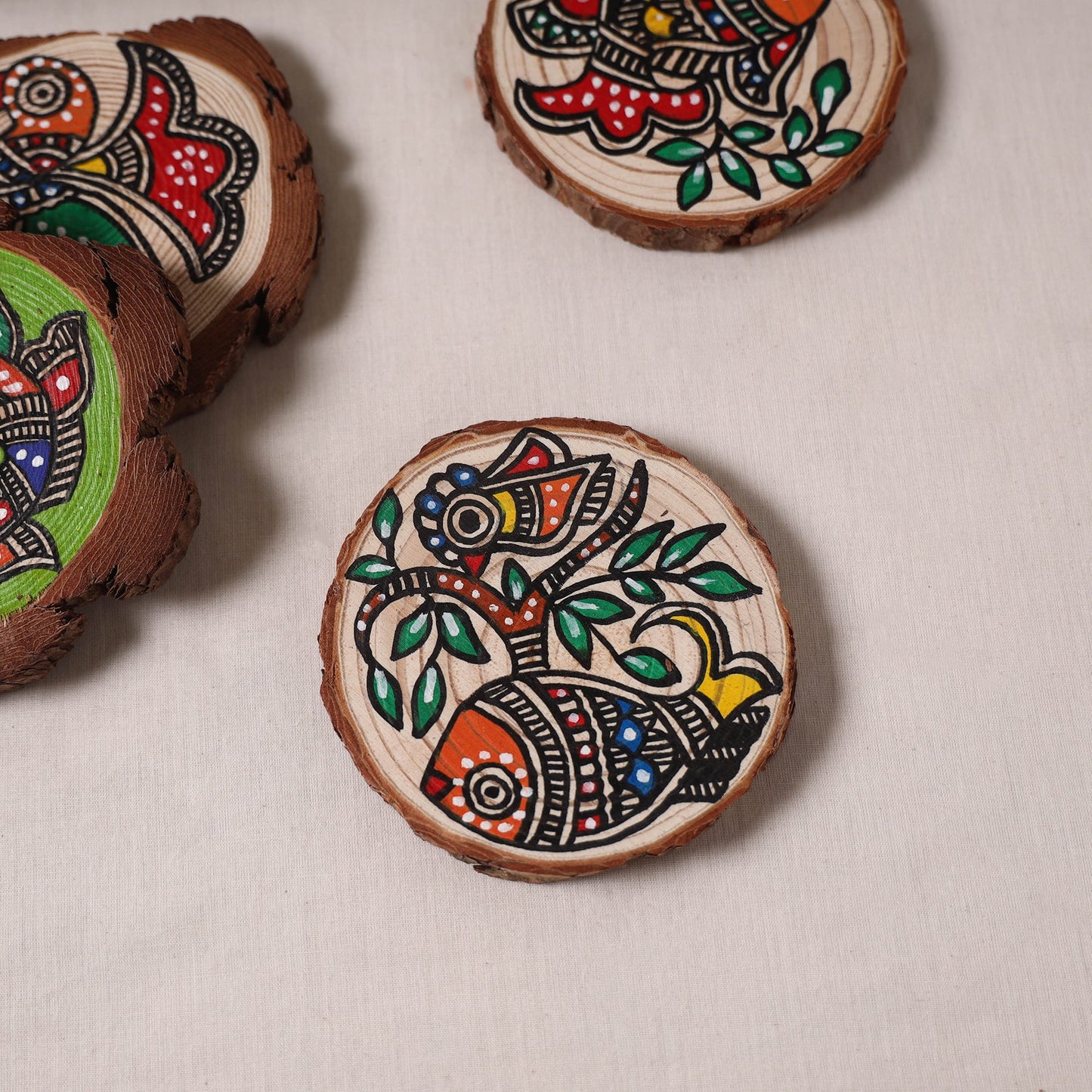 Madhubani handpainted pine wood coaster (set of 4) 02