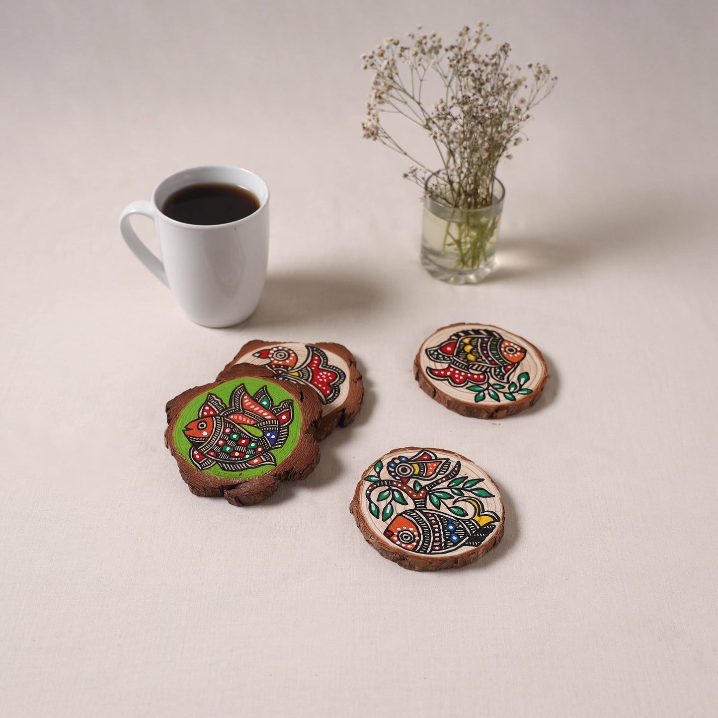 Madhubani handpainted pine wood coaster (set of 4) 02