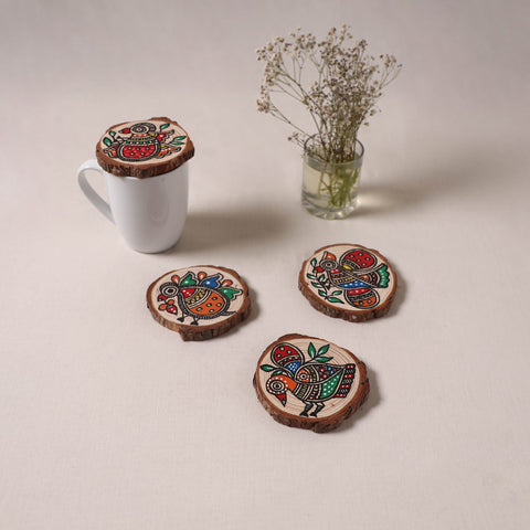 Madhubani handpainted pine wood coaster (set of 4) 03