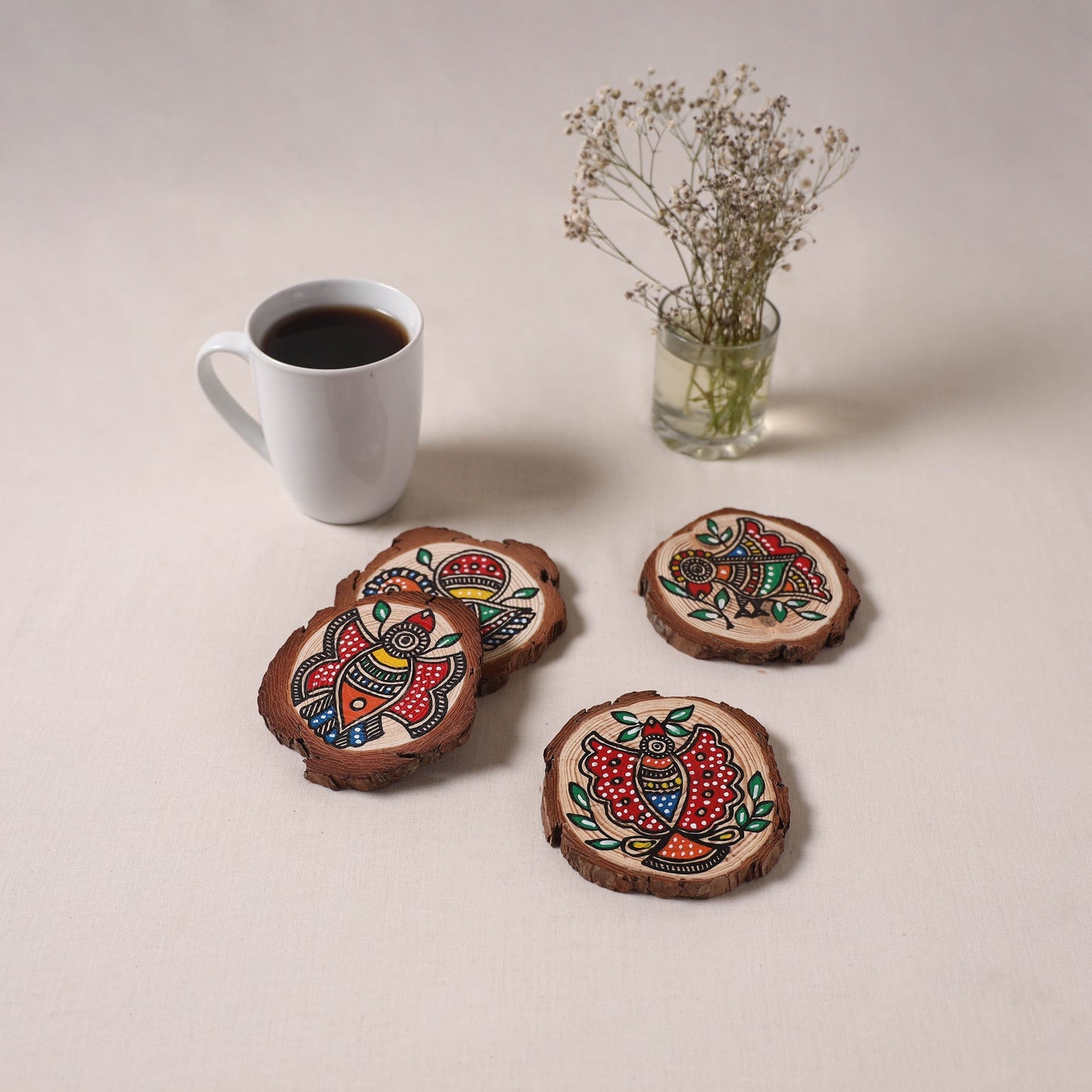Madhubani handpainted pine wood coaster (set of 4) 04