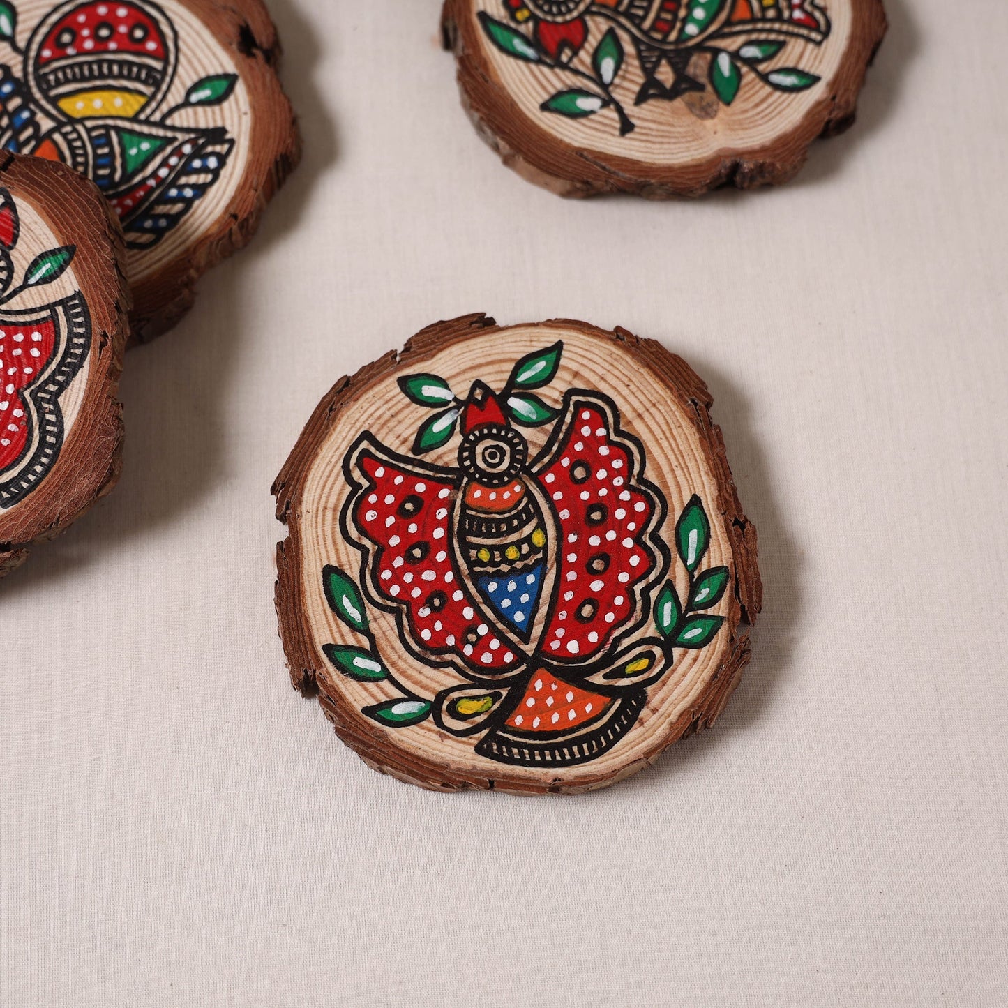 Madhubani handpainted pine wood coaster (set of 4) 04