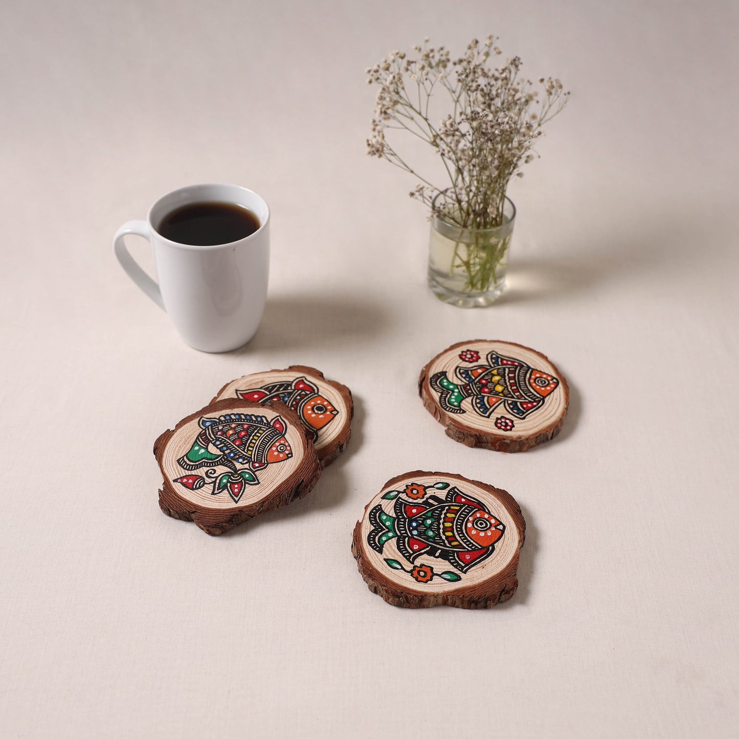 Madhubani handpainted pine wood coaster (set of 4) 05